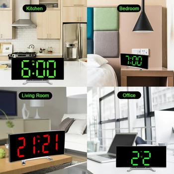 HILIFE Reloj despertador Digital de 7 Pulgadas Número de la Tabla del Reloj Para Niños Dormitorio Pantalla LED de la Curva Regulable, Espejo, Reloj, Reloj de Escritorio