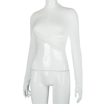 Hirigin Mujeres Camisetas Blancas Sexy Casual Cruz de Cuello alto de Manga Larga Crop Tops para las Mujeres Ropa de Invierno 2020