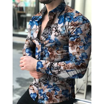 Hombres de la Moda de Impresos de la Mariposa Camisetas Casual Blusa de Slim Fit Macho de Negocios Sociales de Vestir de Manga Larga Tops Boton de Otoño de la Ropa