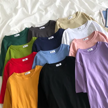 HWLZLTZHT Algodón Sólido Más el Tamaño de la Camiseta Tops 21 Color Plus Tamaño 2XL Verano Suelto Casual Mujer Camisetas Algodón T-shirts