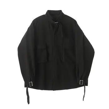 IEFB /ropa para hombre Primavera de invierno nuevo vendaje de cuello de pie negro camisetas personalizadas bolsillos dobles espesa lana tops 9Y3982