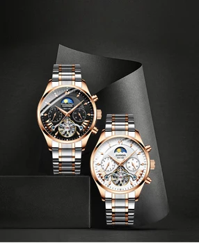 Impermeable 50M Nuevo Negro oro Rosa Tourbillon Automático Reloj Mecánico de los Hombres de Acero Inoxidable de los Hombres del Reloj Masculino de los Hombres Relojes de 2019