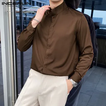 INCERUN Hombres Camisas de Color Sólido Casual Blusa de Manga Larga de Cuello de Pie Camisa de Ocio Botón de Camisas de Vestir al Estilo coreano Tops 5XL 7