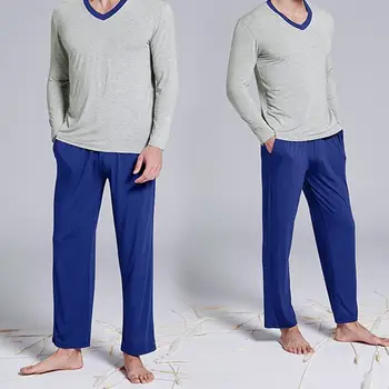 INCERUN Hombres Conjuntos de Pijamas de Manga Larga V Cuello de la ropa para dormir, Pantalones Largos Cómoda ropa de hogar 2021 Ocio Suave para Hombre Pijamas, Trajes de S-5XL