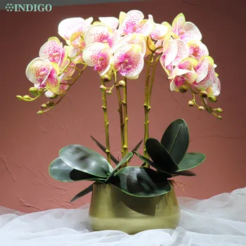 INDIGO - Spot de Orquídeas DIY Flor de la Transcripción (5pcs Orquídea+3pcs hojas+de Metal de la Olla) Verdadero Toque de la Flor de la Recepción de la Decoración de Centro de mesa