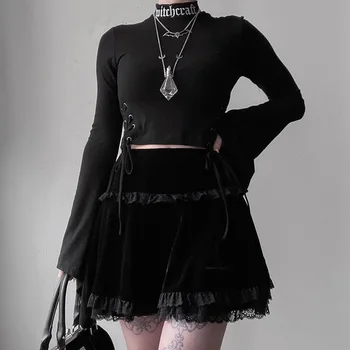 InsGoth Goth Cruz de color Negro Falda Vintage de Encaje Una Línea de Mini Falda Gótica Grunge Y2K Alta de la Cintura de la Colmena de Verano de la Falda de las Mujeres 2021