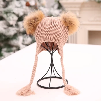 Invierno Bebé Recién nacido Niño Niña Caliente Knit Beanie Hat Pom Boina Crochet Dobladillo de la Tapa de Doble Esferas de la Trenza de Lana Sombrero 1-5T