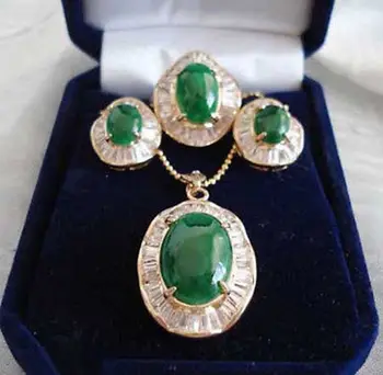 Jade Verde esmeralda 18KGP Cubic Zirconia Colgante de Collar Aretes Conjunto de Anillo