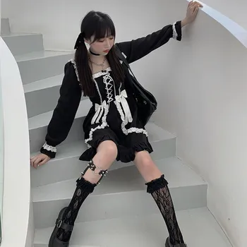 Japonés Gothic Lolita Vestido Kawaii De Encaje De Encaje Hasta El Arco Sweety Volantes Vestido De Suave Chica Harajuku Puff Manga Vestido Negro Vestido De Las Mujeres
