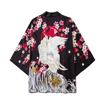 Japón Estilo De Ropa De Los Hombres De Verano De Streetwear De Impresión De La Grúa Kimono Cardigan Japón Harajuku Anime Fina Túnica De Ropa