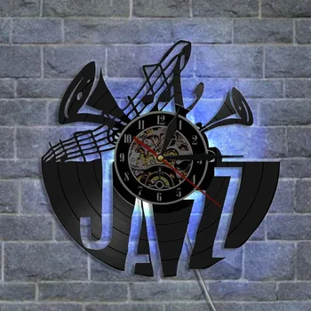 Jazz disco de Vinilo Reloj de Pared de Diseño Moderno Retroiluminación LED Reloj de Tiempo Con Cambio de Color en 3D de Pared Reloj de Pared Decoración