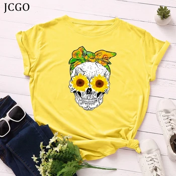 JCGO de Verano de las Mujeres Camiseta de Plus Tamaño 5XL de Algodón de la Flor de Impresión de Cráneo Punky Camisetas de Mujer de Manga Corta Casual de gran tamaño Tops Camisetas