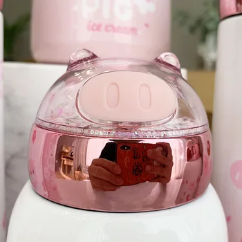 JOUDOO Lindo Cerdo de Acero Inoxidable Frasco de Vacío Brillante Taza de Bebé de color Rosa de la Moda de la Botella de Agua Themor de la Copa de 35