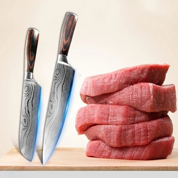 Juego de cuchillos de la Cocina de Damasco Patrón Láser 6PCs de Acero Inoxidable 440C Chef Japonés Rebanar Cuchilla de Carne de Pescado de la Utilidad de Cuchillos de Frutas