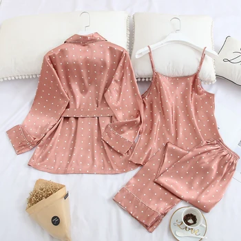 JULIO de LA CANCIÓN 3PCS de Lunares para Mujer Conjuntos de Pijamas Elegante Imitación de Seda de Satén ropa de dormir Con Cinturón de Damas de la Primavera Verano de Nuevo Pijama Femme