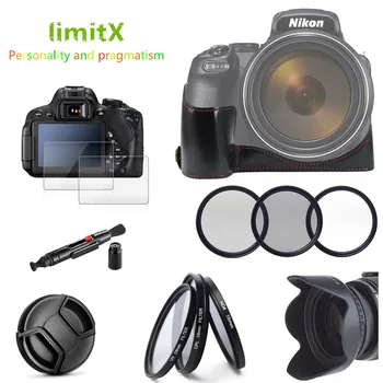 Kit de accesorios de la Mitad del Cuerpo funda de Cuero + Filtro + Parasol + Tapa de la Lente + Cristal LCD Protector para Nikon P1000 Cámara Digital