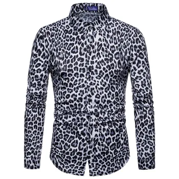 KLV de manga larga hombre camisetas de Mezcla de Algodón blusa de Moda de Hombre de Impresión de Leopardo Impreso Blusa Casual de Manga Larga Slim Camisetas Tops