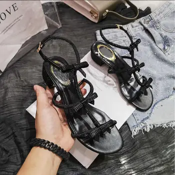 Koovan de las Mujeres Sandalias de Verano de 2020 Nuevo Arco Sandalias de diamantes de imitación de Espesor Con Sexy de las Mujeres Zapatos de Roma Dedo del pie Abierto Zapatillas