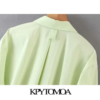 KPYTOMOA Mujeres 2020 de la Moda de gran tamaño Bolsillos Recortada Blusas Vintage con Cuello de Solapa de Manga Larga Mujer Camisetas Blusas Tops Chic