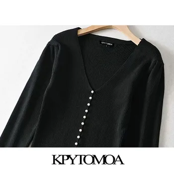 KPYTOMOA Mujeres 2020 de la Moda de Imitación de la Perla Botones Recortada Chaqueta de Punto suéter de la Vendimia de Manga Larga de Mujer ropa de Abrigo Chic Tops