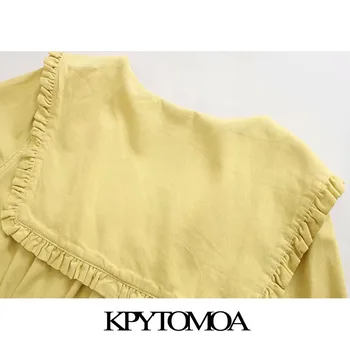 KPYTOMOA Mujeres 2020 Dulce de la Moda Botón de Volantes Vestido Midi de la Vendimia de Cuello Peter pan de Manga Corta de Mujer Vestidos Vestidos