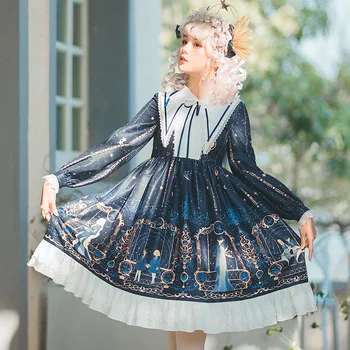 La Astrología College ~ Vintage De Manga Larga Vestido De Lolita Impreso Señaló Marinero Cuello Vestido De Fiesta