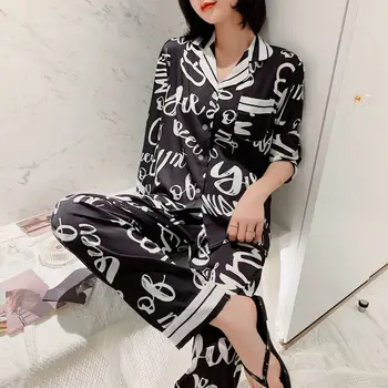 La creación de 101 pijamas de mujer delgada capa de hielo y nieve de seda de manga larga de dos piezas coreano de la moda de la carta de servicios en el hogar de satisfacer