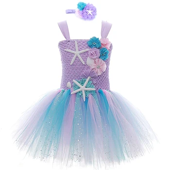 La flor de los Niños de las Niñas de la Fiesta de Cumpleaños Tutu Vestidos con Diadema de color Púrpura Estrella de Mar de la Princesa de Niño del Bebé de las Niñas de la Boda Vestido de los Niños de Tela