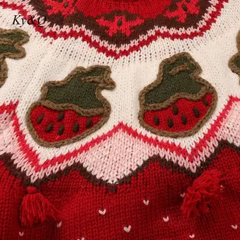 La marca del Diseñador de 2020 Otoño Invierno de las Señoras del Bordado de la Fresa Suéter Pullovers O-cuello de manga Larga de las Mujeres de Navidad Tops