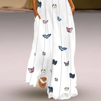 La mariposa de impresión vestido maxi de las Mujeres sin mangas casual, vestidos largos 2019 vestido de Verano con bolsillo Elegante vestido blanco manto femme