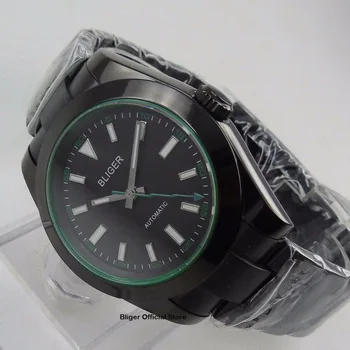 La moda BLIGER 40MM PVD caja del Reloj de Marcas Luminosas de Flash de Mano Verde para Hombres Automáticos del Reloj