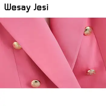La moda de inglaterra las Mujeres blazers indie folk de Doble botonadura de color Rosa chaqueta chaquetas de las mujeres recta larga pantalones bermudas conjuntos de 2 piezas