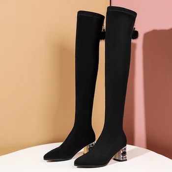 La moda de invierno largo del tubo de la rodilla-longitud de las mujeres botas de gamuza y de terciopelo caliente de tacón alto desgaste-resistentes botas