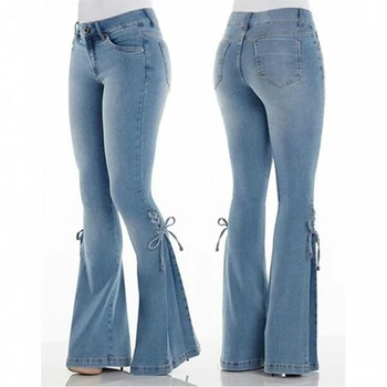 La moda de Mediados del Dril de algodón de la Cintura de la Llamarada de Pantalones de las Mujeres Encaje Slim-fit Stretch Jeans Anchos de la Pierna de los Pantalones de Dama Casual Bell-Fondos de Más Tamaño