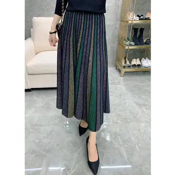 La Moda de primavera de Rayas de las Mujeres de Lana Falda de Una línea Elástica de la mitad de la longitud de la Falda de la Versión coreana De La Elegante Cintura Alta Falda Plisada
