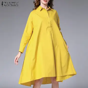 La moda Sólido Camisa de Vestir de las Mujeres de la Primavera Vestidos de 2021 ZANZEA Casual de Manga Larga Longitud de la Rodilla Vestidos Femeninos Botón Túnica Más el Tamaño