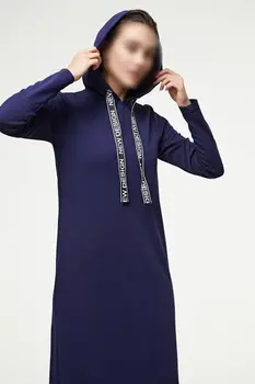 La mujer Azul marino con Capucha Deporte Vestido de Musulmán Hijab Moda de Invierno Vestido Largo
