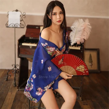 La mujer de la Túnica Transparente Pijama Japonés Sakura Lencería Sexy Yukata Vestido de Gasa Albornoz Kimono ropa de dormir Camisón Ropa