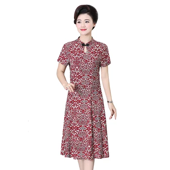 La mujer de la Vendimia Oriental China de Vestido de mujer de verano nueva impresión retro Delgado de manga corta vestido de vestidos de gran tamaño XL-5XL