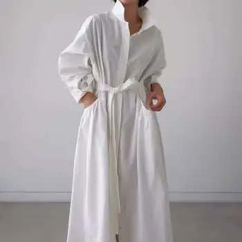 LANMREM 2020 nuevas turn-down cuello de mangas completas de pecho solo de la longitud del piso blanco de la camisa de algodón vestidos de mujer vestido WM14200XL