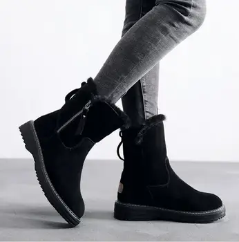 Las mujeres de botas para la nieve beige de la felpa cálida piel causal botas de los zapatos de las zapatillas de deporte de tobillo botines de suela gruesa plataforma de encaje hasta zapatos de invierno