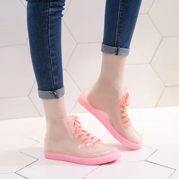 Las mujeres de la primavera de botas de lluvia de la moda impermeable transparente plus de terciopelo botas de lluvia resistente al desgaste de los zapatos de la jalea del tubo corto botas de damas