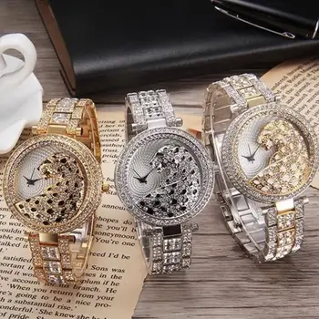 Las Mujeres Del Reloj De Cuarzo De Moda Bling Casual De Las Señoras Reloj De Mujer De Cuarzo Reloj De Oro De Cristal De Diamante De Leopardo Para Las Mujeres Del Reloj