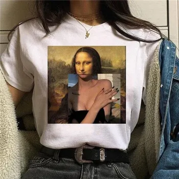 Las mujeres Gracioso Mona Lisa Estética de Impresión T-Shirt Chica Femenina Ullzang Vintage de los años 90 Harajuku Camiseta Nueva de la Moda Superior de la Camiseta,la Nave de la Gota