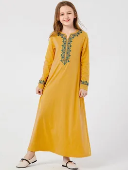 Las Niñas musulmanas Vestido de Sudor de la Primavera de los Niños Marroquíes Abaya Vestidos de los Niños Islámica Ropa de Dubai Una línea de Elbise Vestido Amarillo Kaftan