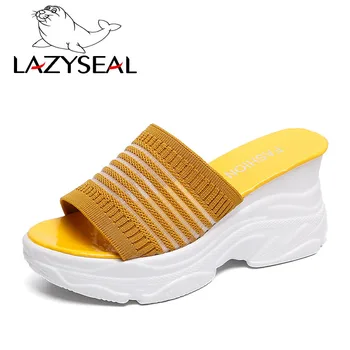 LazySeal Tela de Algodón de la Plataforma de Zapatillas de Mujer Diapositivas de la Moda de la Moña Fondo Grueso de las Mujeres Zapatos de Cuña antideslizante Señoras Flip Flops