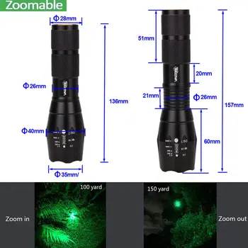 LED Táctica de la Pistola de luz con Zoom 5000Lm VERDE Q5 linterna Foco Ajustable linterna Rail de 20mm de Airsoft Rifle Alcance de Montaje 18650