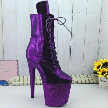 Leecabe 20CM/8inches Polo zapatos de baile púrpura del brillo de Tacón Alto de la plataforma de Botas con puntera de Pole Dance botas