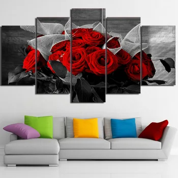 Lienzo Sala de estar HD Fotografías Impresas Decoración del Hogar de 5 piezas/Pcs Hermosas Rosas Rojas Pintura de Arte de Pared Modular Marco de Póster Moderno