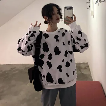 Lindo Otoño de la Leche de Vaca Sudaderas Mujeres Sudadera la Moda Femenina Suelto con Capucha O-cuello de Japón Harajuku Sudadera con capucha de las Hembras